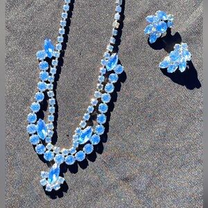 VINTAGE SIGNED WEISS CLIP ON EARNINGS AND UNSIGNED ICE BLUE RHINESTONE NECKLACE